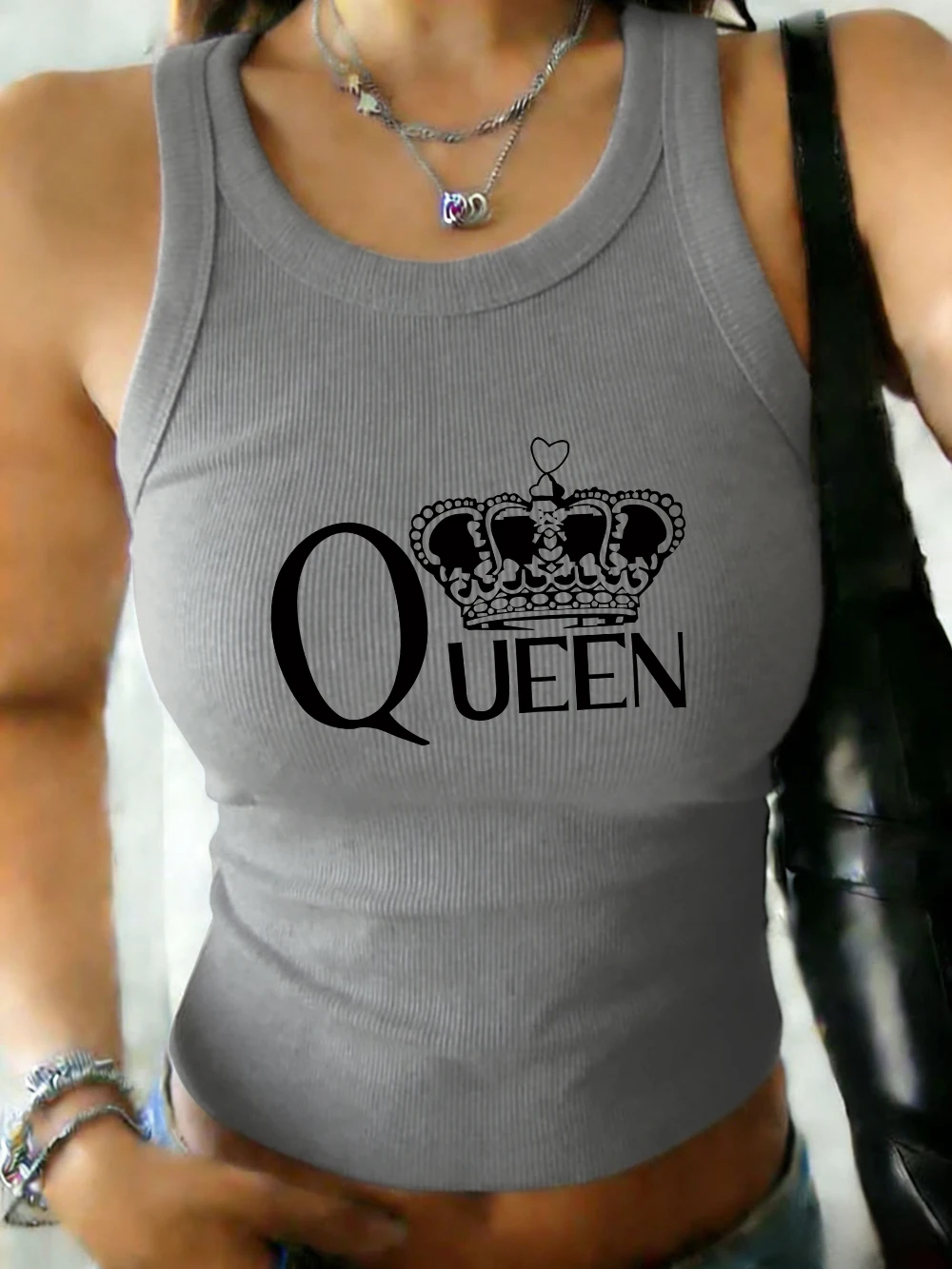 Queen Crown Printing Damen-Tanktop mit O-Ausschnitt, ärmellos, lässig, elastisch, Baumwolle, modisches, schmal geschnittenes, weiches Unterhemd