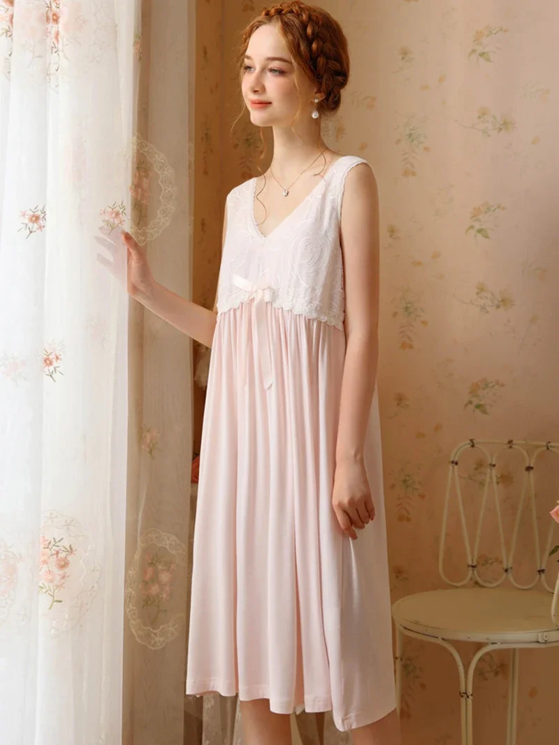 French Vintage Sleeveless Nightgown Sweet Princess Modal Pajamas Nightdress Ladies Summer Fairy Victorian Sleepwear Nightwears