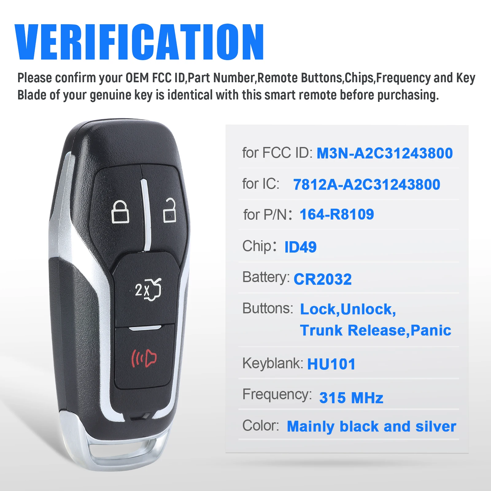 KEYECU 4 Buttons 315MHz ID49 Chip for Ford Edge Explorer Fusion Mustang 2015 2016 2017 Smart Remote Key Fob FCC M3N-A2C31243800