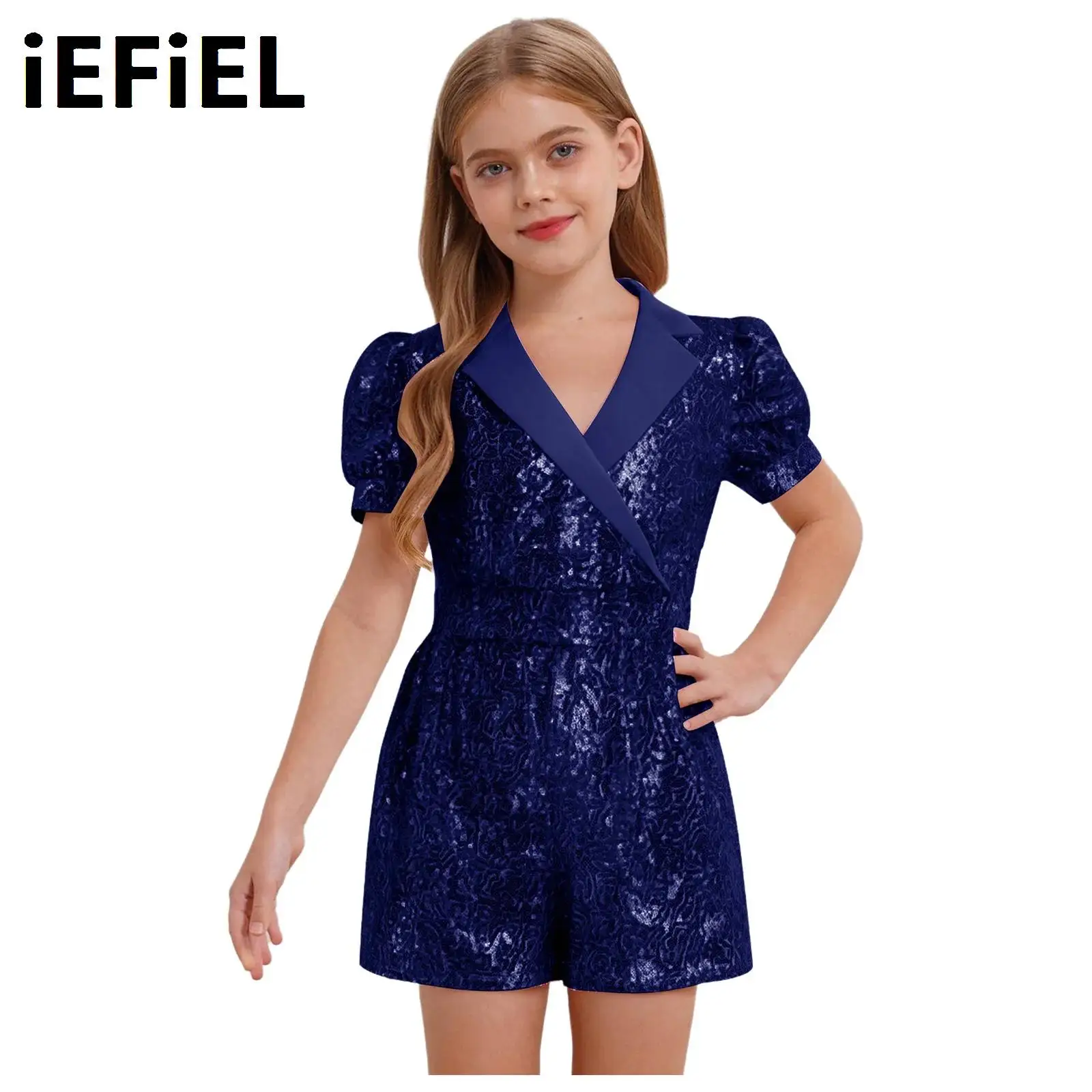 

Блестящий комбинезон с пайетками для девочек, цельный пышный комбинезон с короткими рукавами и высокой талией, короткий боди для свадьбы, выпускного вечера, праздничная одежда