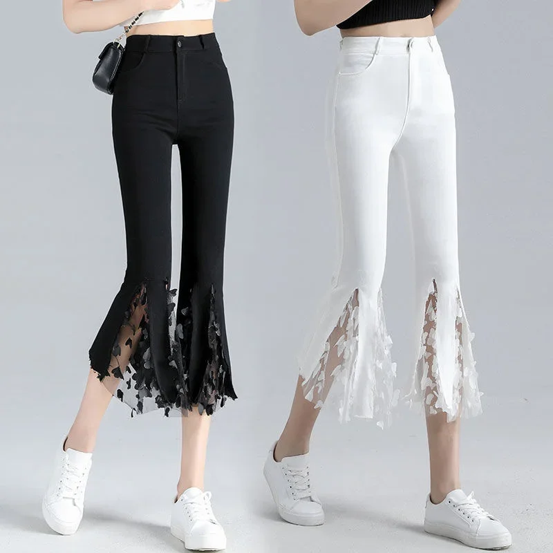 Women Lace High Waist Flared Pants Streetwear Elastic Slim Harajuku Pantalones Capris Mujer Korean Fashion 2024 Trousers