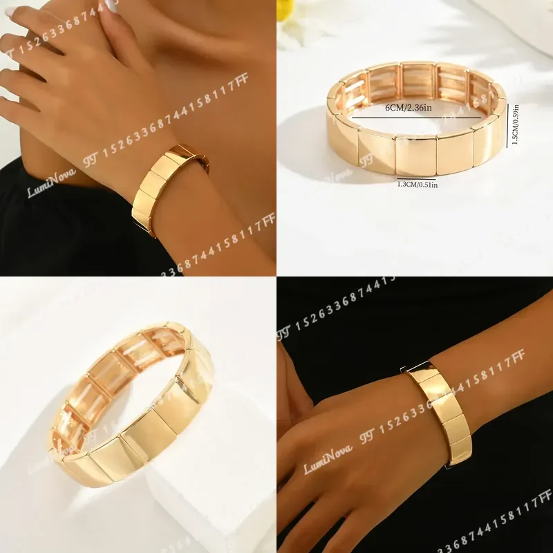 Women Fashion Elastic Bracelet Curved Bright Metal Square Multi Combination Arrangement High End Style Daily Party Jewelry