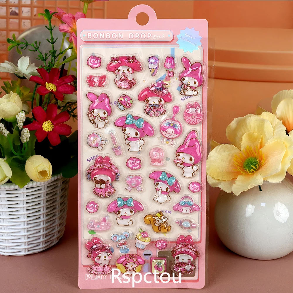 4 pçs cinnamoroll kuromi melodia 3d alívio adesivos kawaii sanrio decalques de cristal bonito dos desenhos animados decoração bolha adesivo presentes