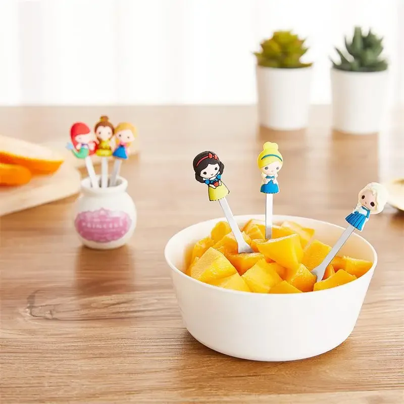 6pcs Disney Snow White Fruit Fork Cartoon Anime Dessert Cake Fork Stainless Steel Silicone Creative Cute Princess Ornament Gift