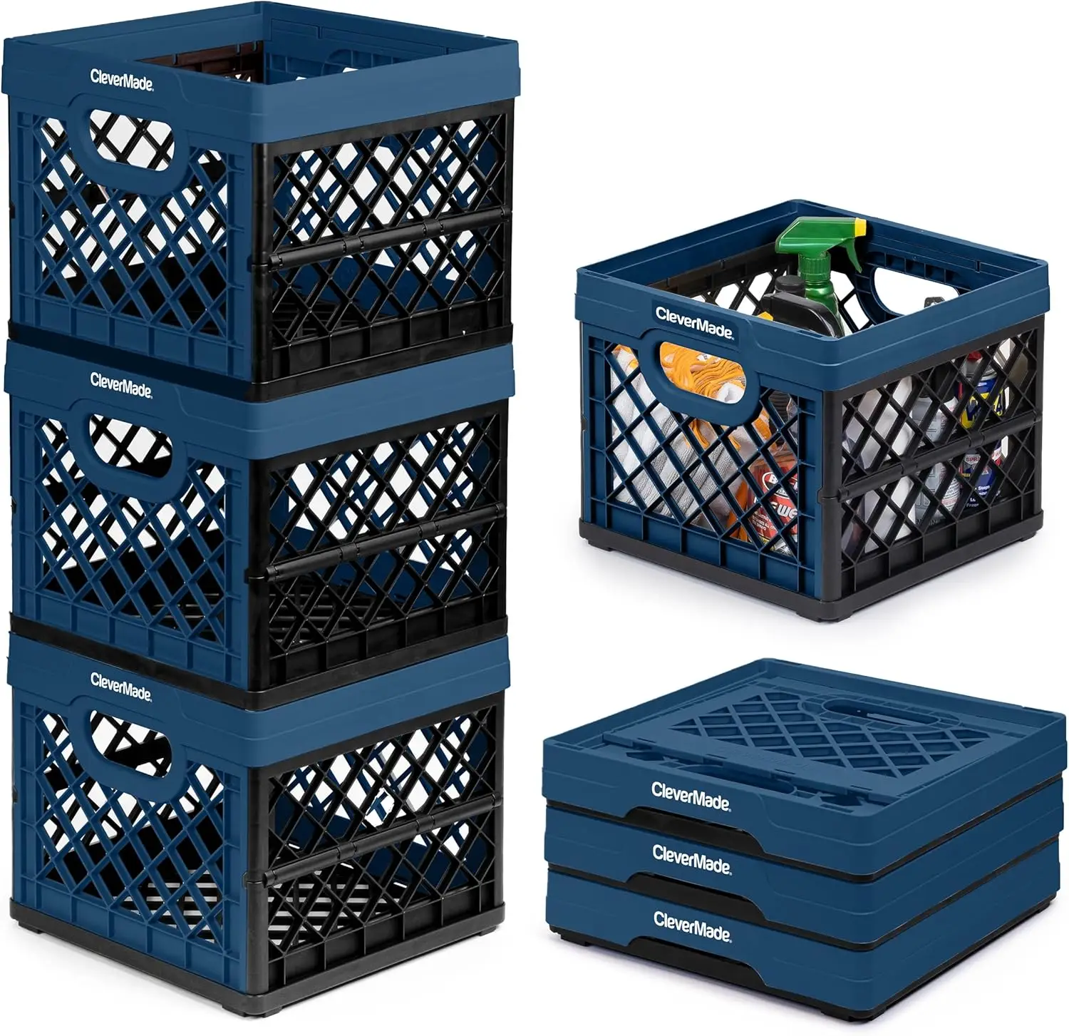 

CleverMade Collapsible Milk Crate 25L (6.6 Gal) 3 Pack, 50 Lb Capacity Heavy Duty Folding Crate – Stackable Storage Crates With