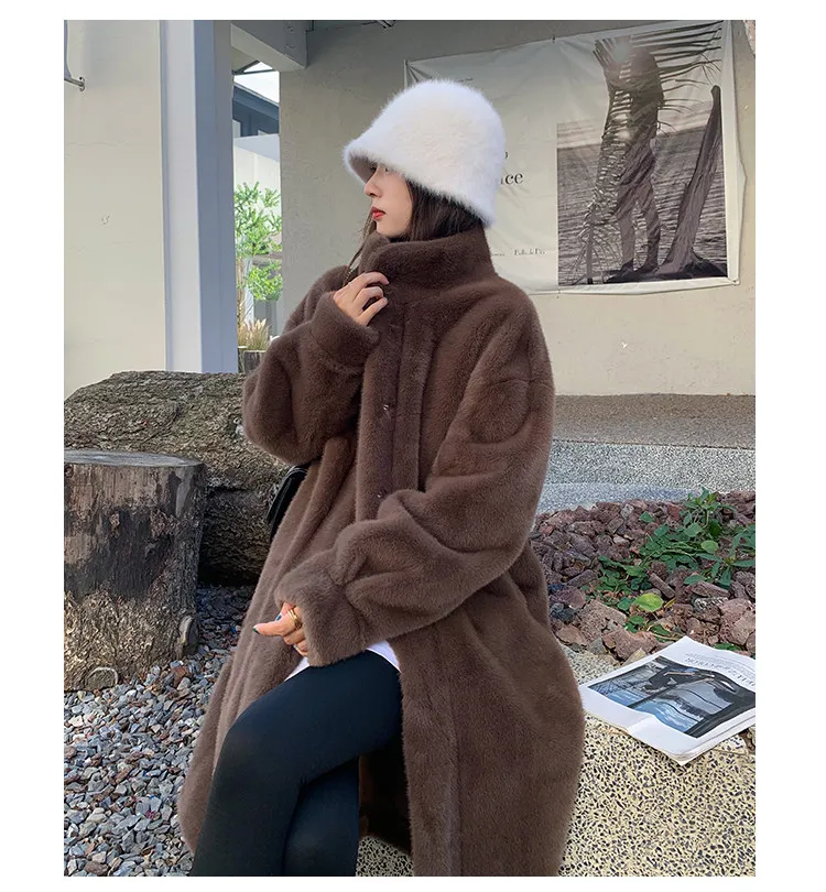 Women's Thick Faux Mink Fur Mid-length Coat Autumn Winter Fashion Stand Collar Plush Outerwear Women Elegant Warm Fluffy Jackets