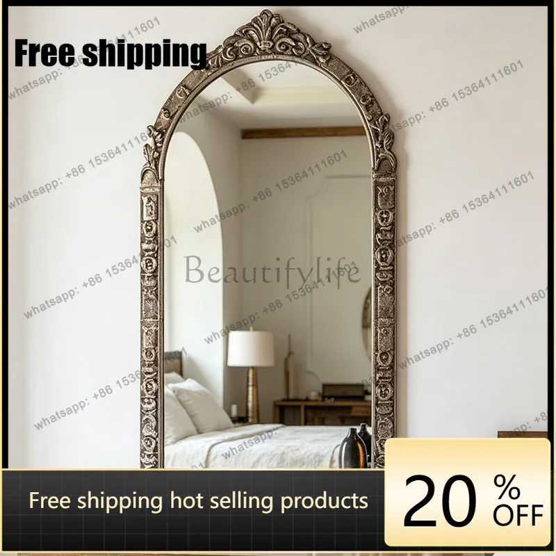 LD retro European arched makeup mirror old carving art light luxury wall decoration mirror