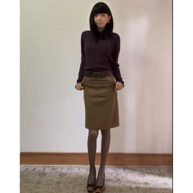 

Коричневая юбка А-силуэта с высокой талией для женщин, повседневная, стройнящая, средней длины, модный тренд сезона весна-осень