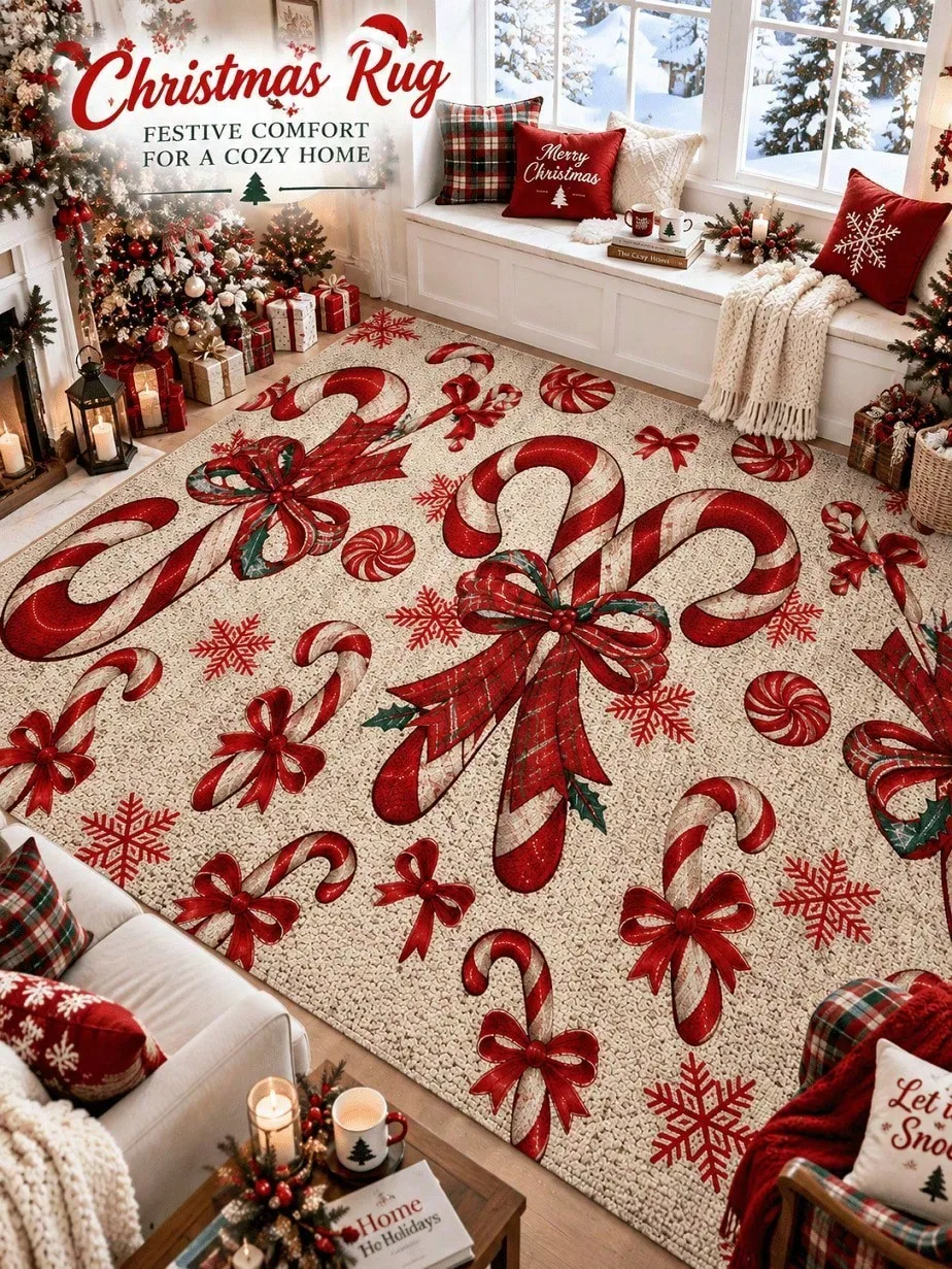 Christmas Rug Candy Canes Bows Peppermint Snowflakes Floor Decor Carpet Runner Rugs Living Room Bedroom Entryway Space Hallway Kitchen Home Decor Halloween Thanksgiving Anniversary Birthday Housewarming Party Gift for Family Friends Homeowner