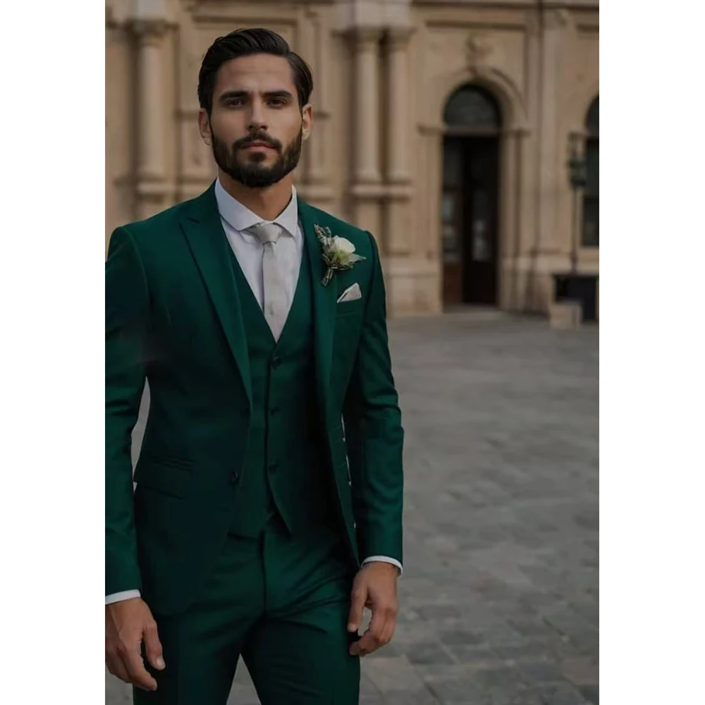 Elegant Green Men's Suits for Wedding Customized Made Single Breasted Peak Lapel Slim Fit 3 Pcs Jacket Pants Vest Male Clothing