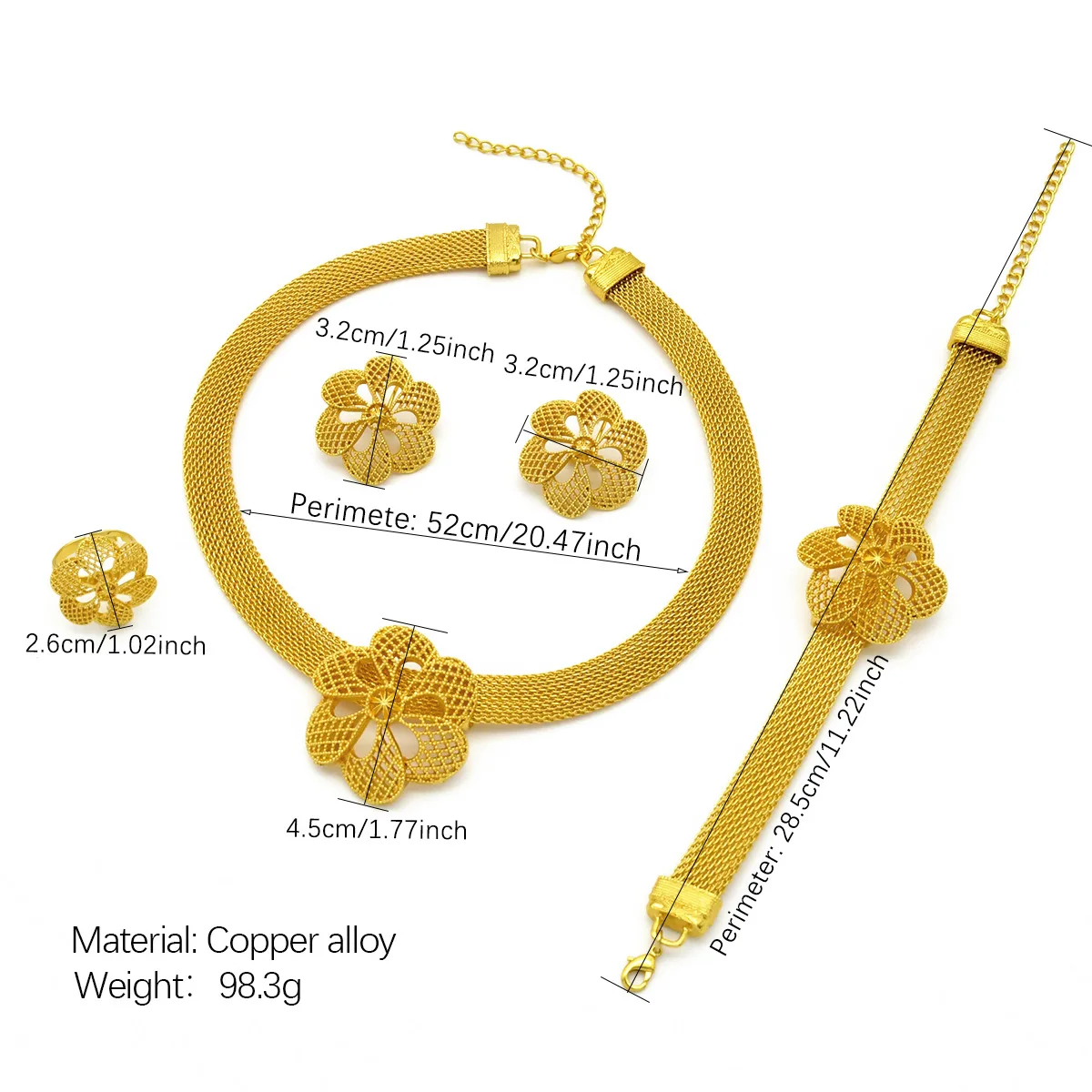 

24K Gold AU999 Bride Flower Jewelry Set - 3D Rose 4-Piece (Bracelet+Earrings+Ring+Necklace), Luxury Gorgeous Wedding Glamour