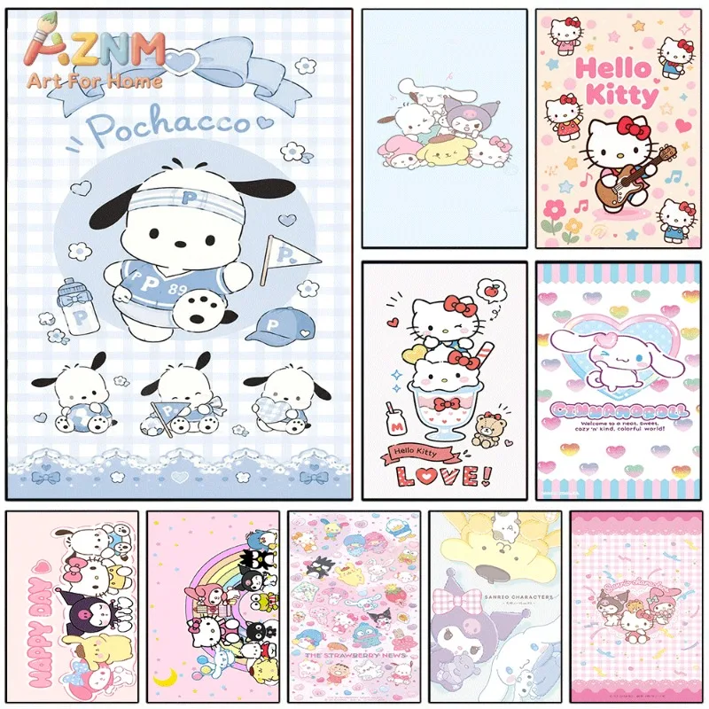 `Pochacco Sanrio Kawaii Canvas Wall Art Unframed Poster For Girls Room Sporty Cute Aesthetic Bedroom Dorm Wall Decor`