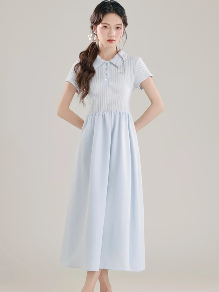 

2025 Blue Patchwork Knitted Polo Collar Casual Dress Women Elegant Office Lady Dress Summer Korean Fashion Bodycon Evening Dress