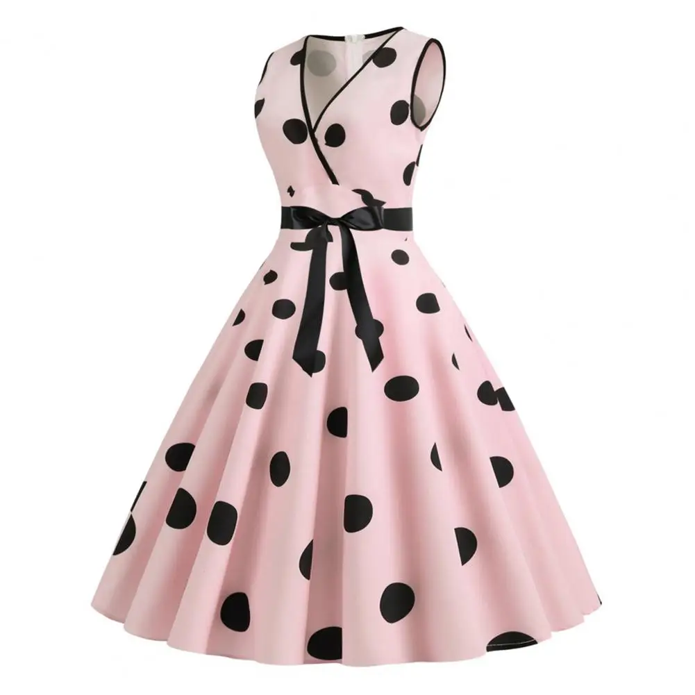 Dot Print Dress Elegant Vintage Princess Style Evening Dress with Contrast Color Dot Print Bow Waist A-line Big Swing for Women