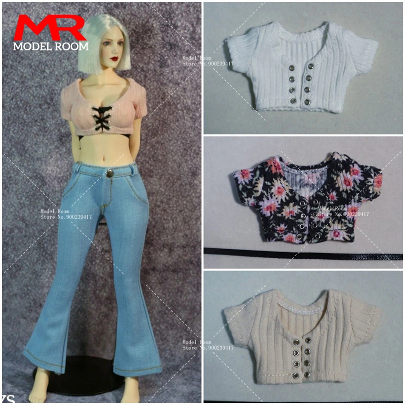 1/6 Scale Female Knit T-shirt Cowboy Flared Pants Clothes Model Fit 12-inch Soldier Action Figure Body Dolls