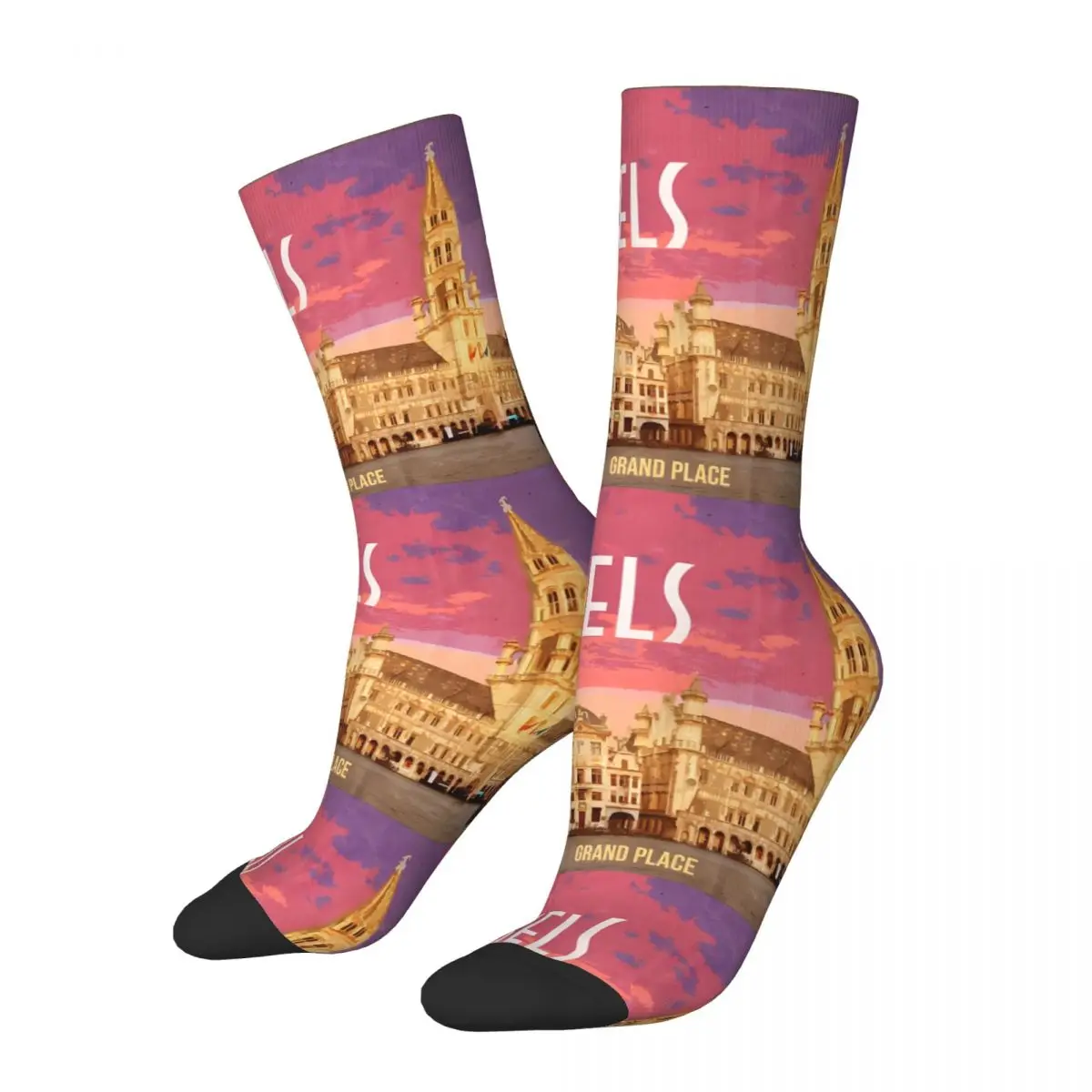 Belgium Vintage Looking Grand Place Brussels Tapestry Men's Socks Retro Harajuku Europe Street Style Novelty Seamless Crew Sock