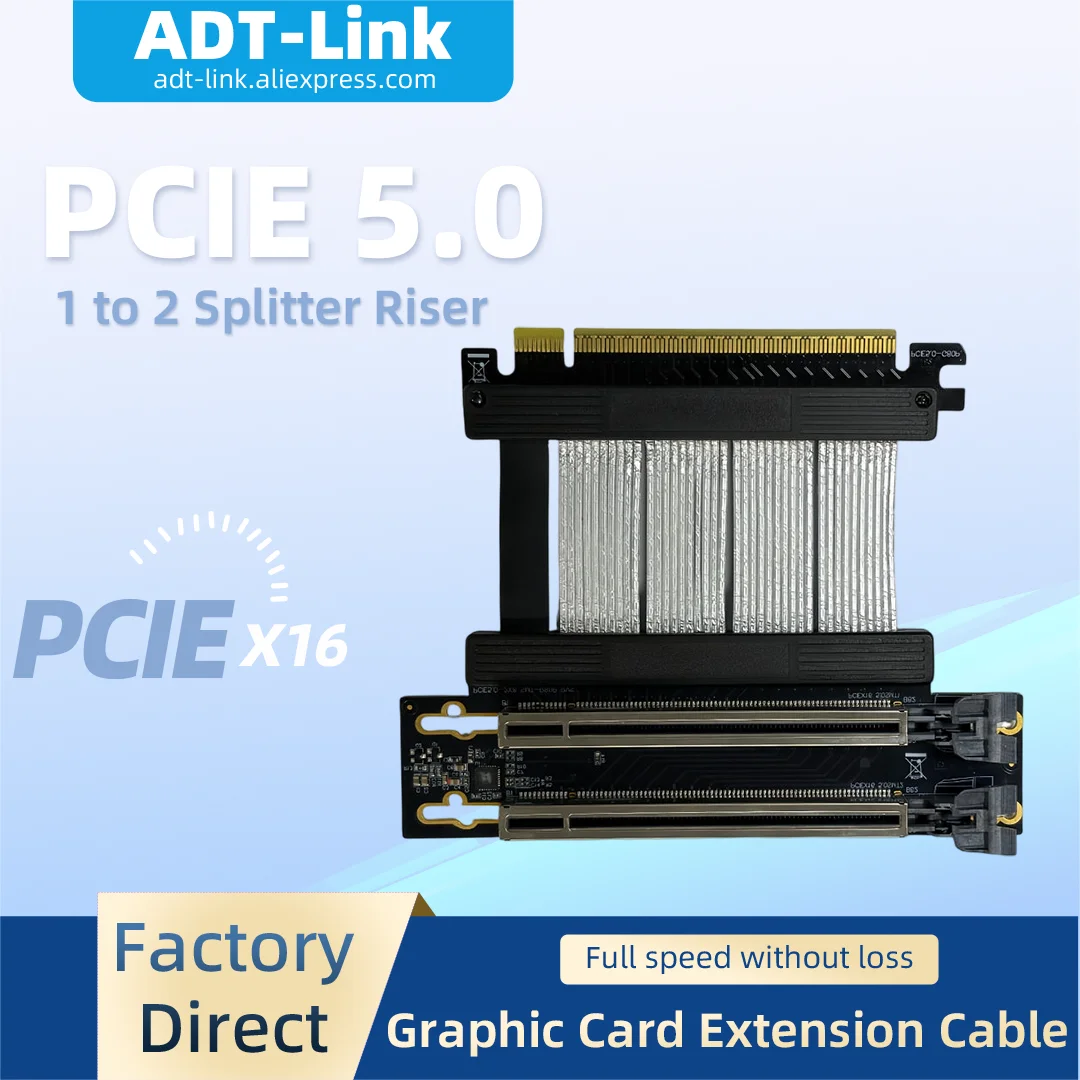 PCIe 5.0 X16 1 to 2 Graphics Card Splitter Riser Cable PCI-E X16 Dual GPU Extension Adapter for Server Graphics Card Mining