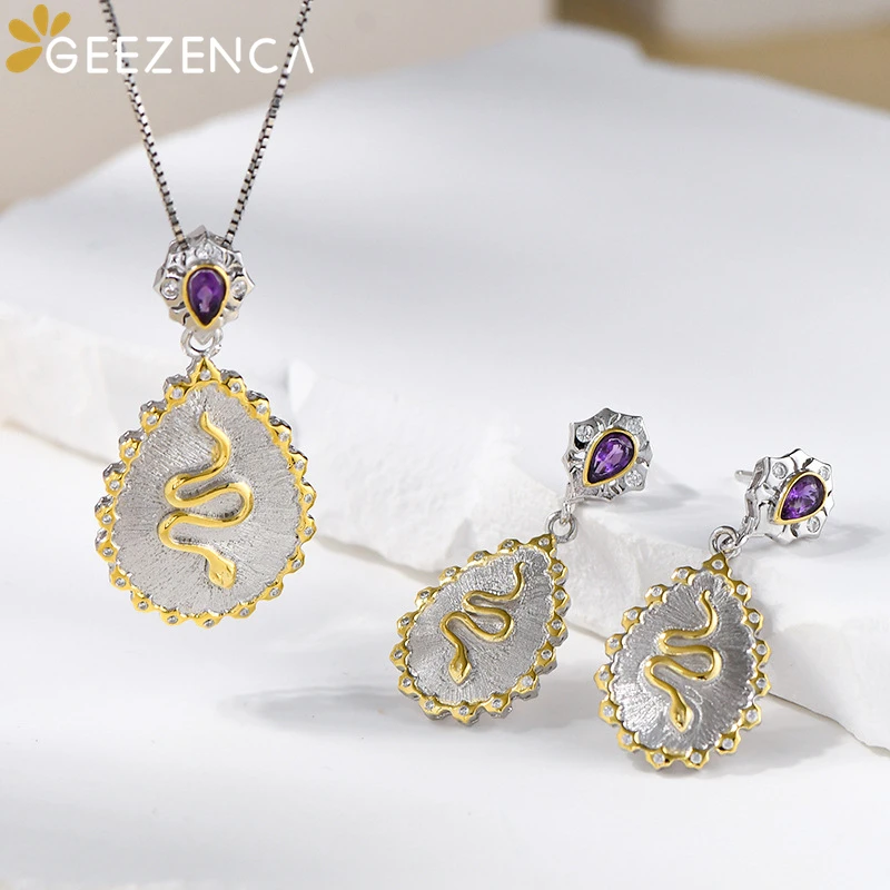 GEEZENCA 925 Silver Two Tone Amethyst Snake Shaped Earrings Pendant For Women Italian Craft Earrings Pendants Without Chain