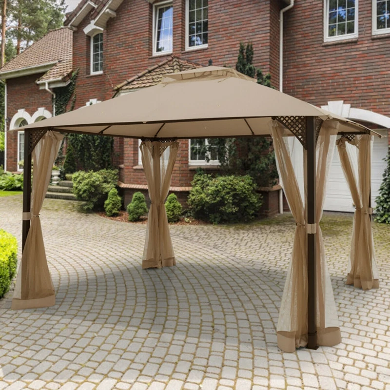 Sun-proof Waterproof 12 X 10 Feet Outdoor Double Top Patio Gazebo with Netting Sturdy Stable Shade Gazebos with Large Shade Area