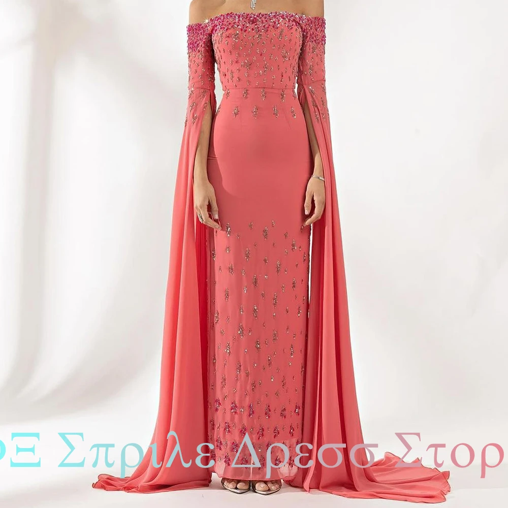 Sequined Crystal Chapel Train Straight Floor Length Strapless Exquisite Evening Dresses Off the Shoulder Chiffon Long Sleeves