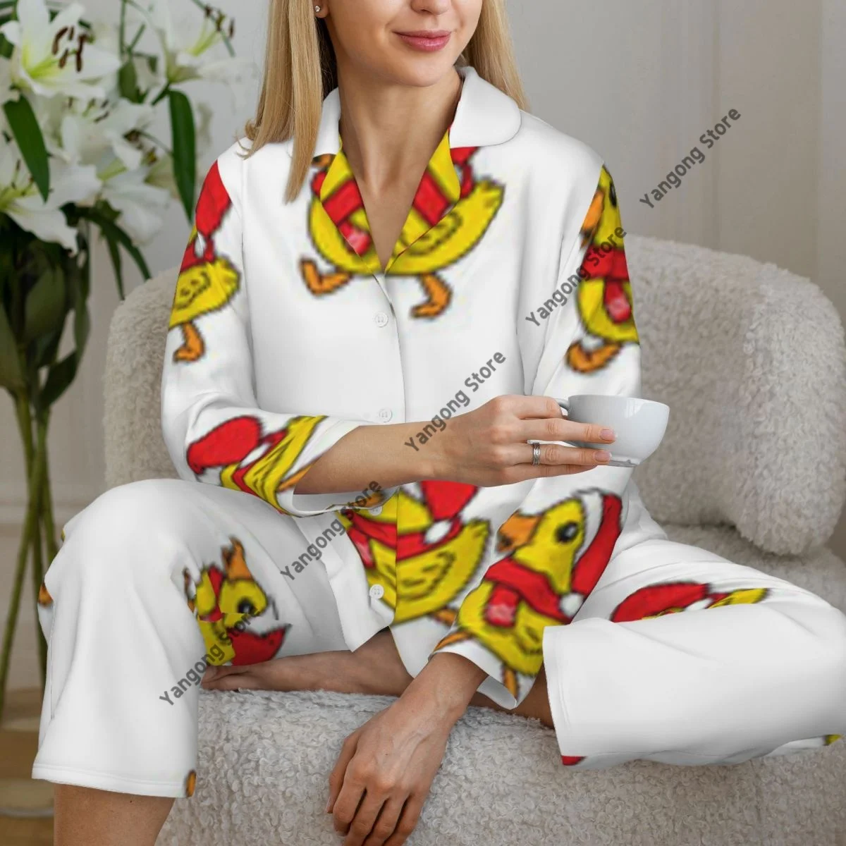 Women Sleepwear Pajamas Duck With Christmas Pattern Long Sleeve Pijama Female Set Negligee Cardigan Suit