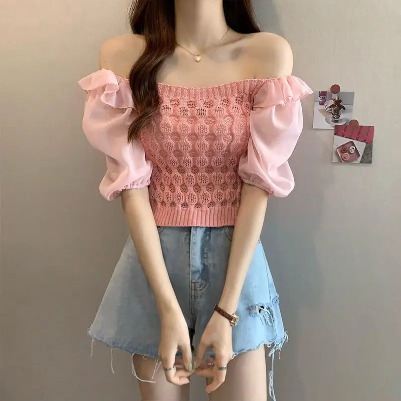 Knitting Blouses Women Patchwork Sweet Cropped Design Simple Retro Creativity Elegant Summer Korean Style Ladies Daily Fashion