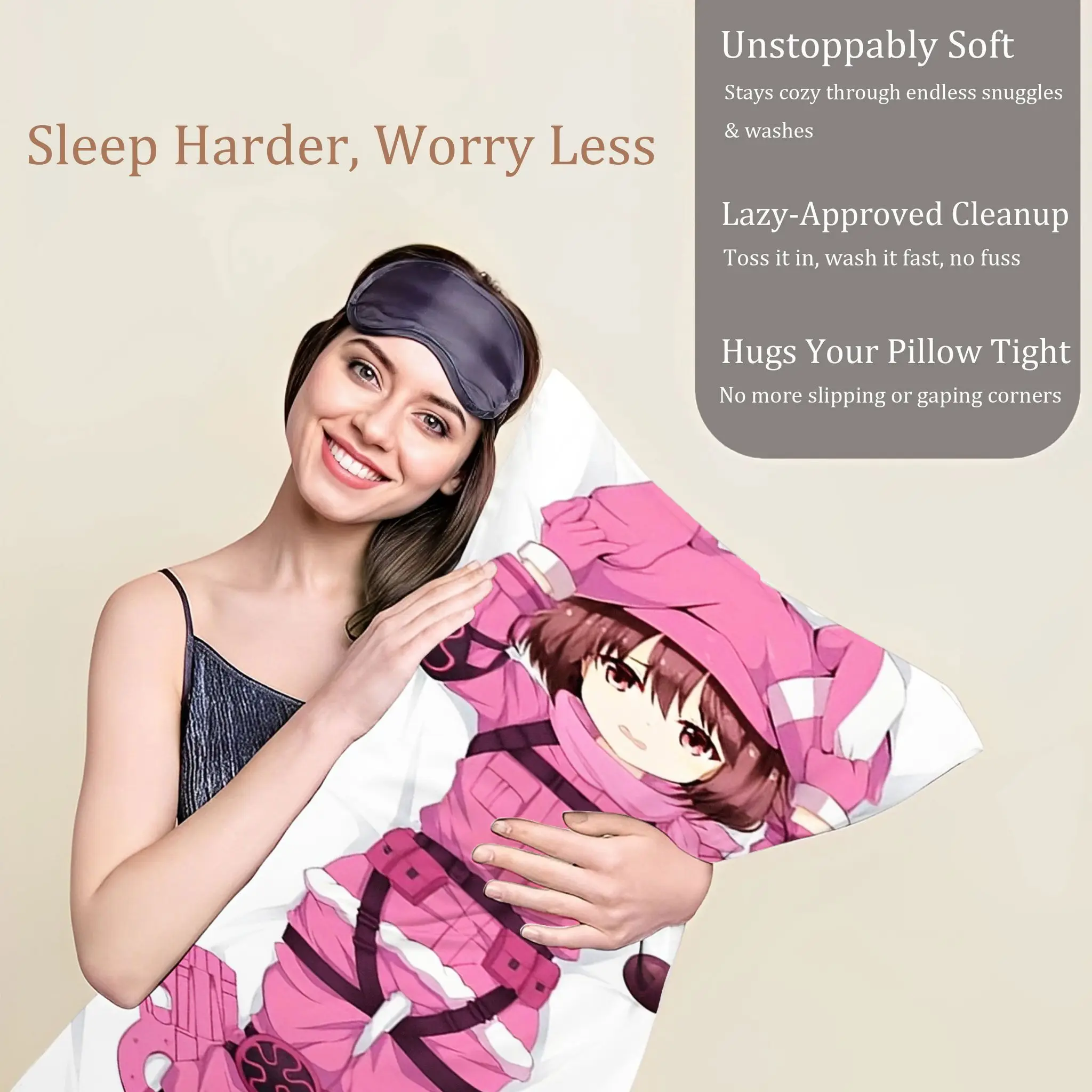 Anime Pink Dress  Girl Life-Size Pillowcase, Comfortable Soft Machine Washable, Side and Back Sleeping Comfort Support