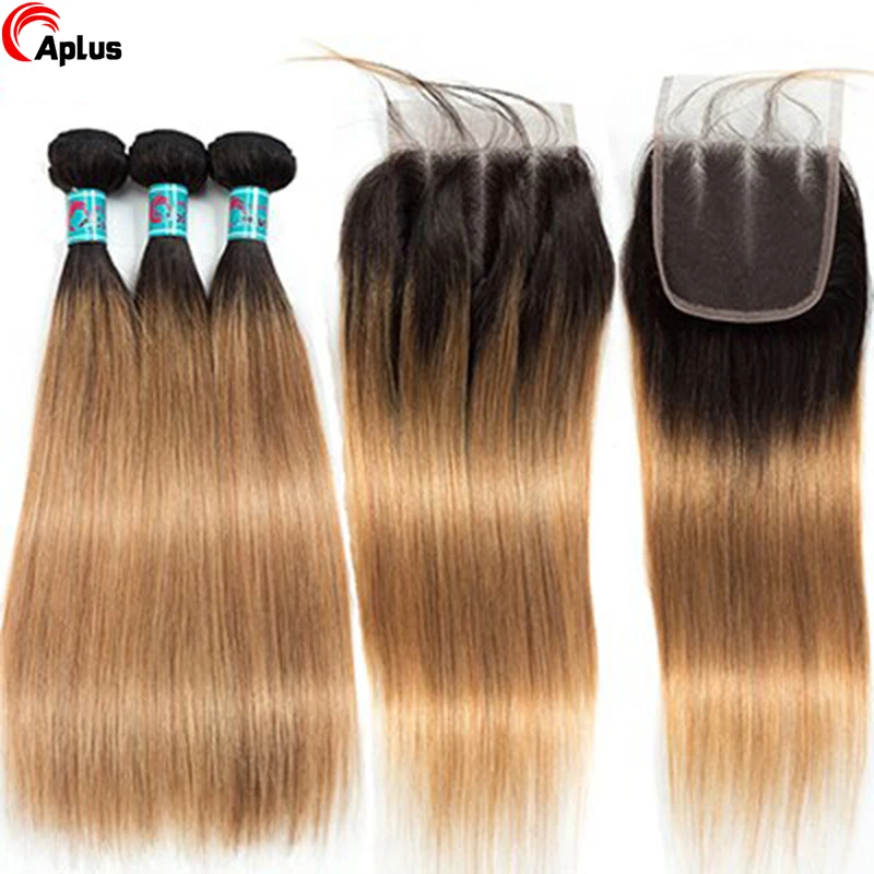 Brazilian Straight Extensões de cabelo humano, Borgonha Pacotes com Fechamento, Ombre Colorido, Vermelho, 3, 4 Pacotes, 1B, 27