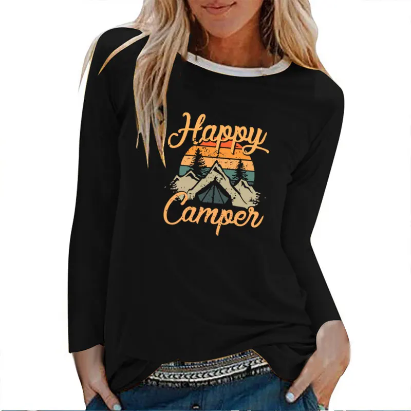 Seeyoushy Happy Camper Printed T-shirts Women Autumn Winter Graphic Tees Fashion Aesthetic Clothes White O Neck Harajuku Y2k Top