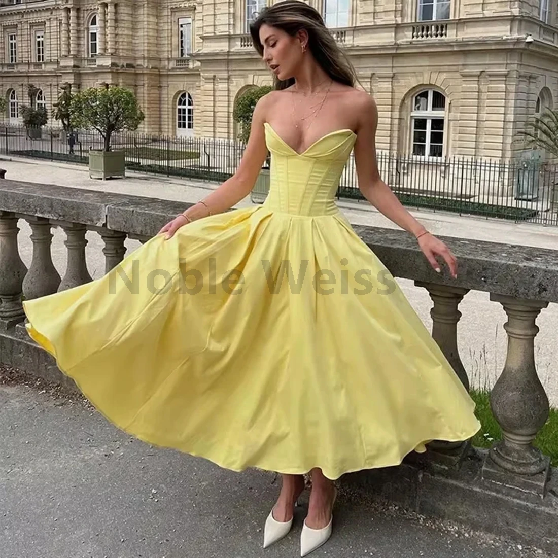 

Sweetheart Satin Prom Dress A Line Tea Length Formal Gown Customize