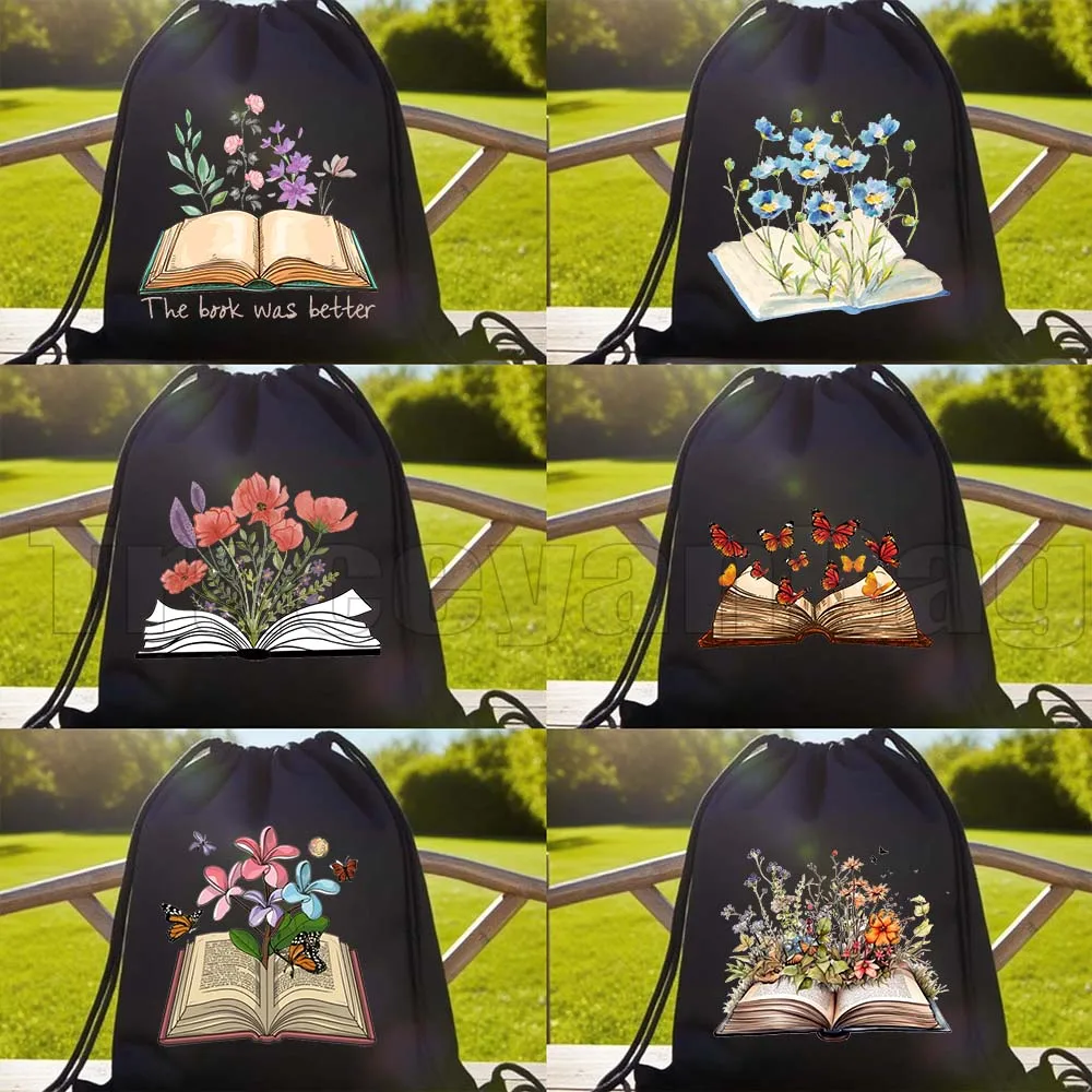 

Aesthetic Butterflies Flowers Growing From Book Floral Watercolor Open Book Books Gifts Drawstring Backpack Gym Sports Sackpack