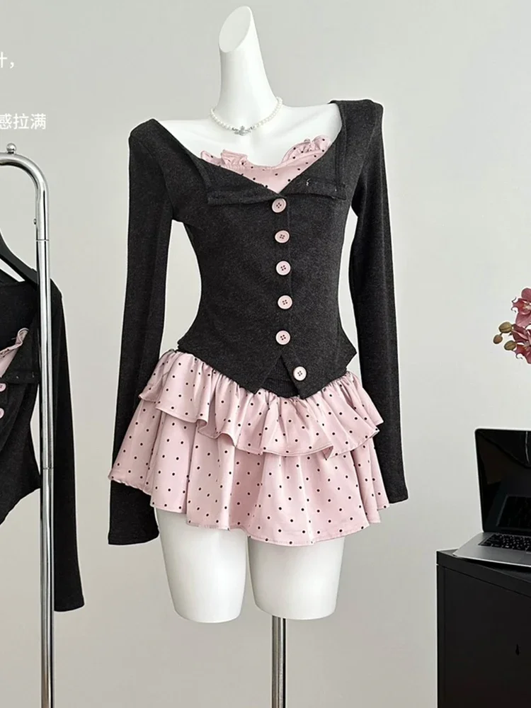 Fall Winter Women Coquette Kpop Gyaru Ballet Core Outfits 2 Piece Set Long Sleeve Tops + Mini Polka Dot Skirts Shoujo Cute Y2k