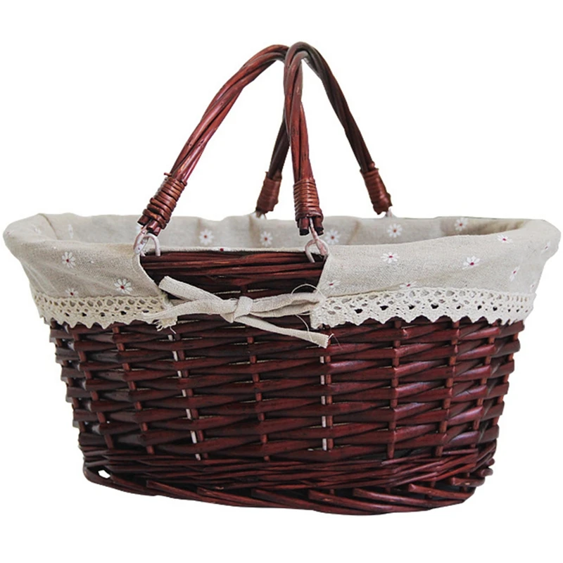 

Natural Wicker Woven Basket, Woven Picnic Basket With Handle And Linen Cotton Cloth Lining, Decoration Picnic Party