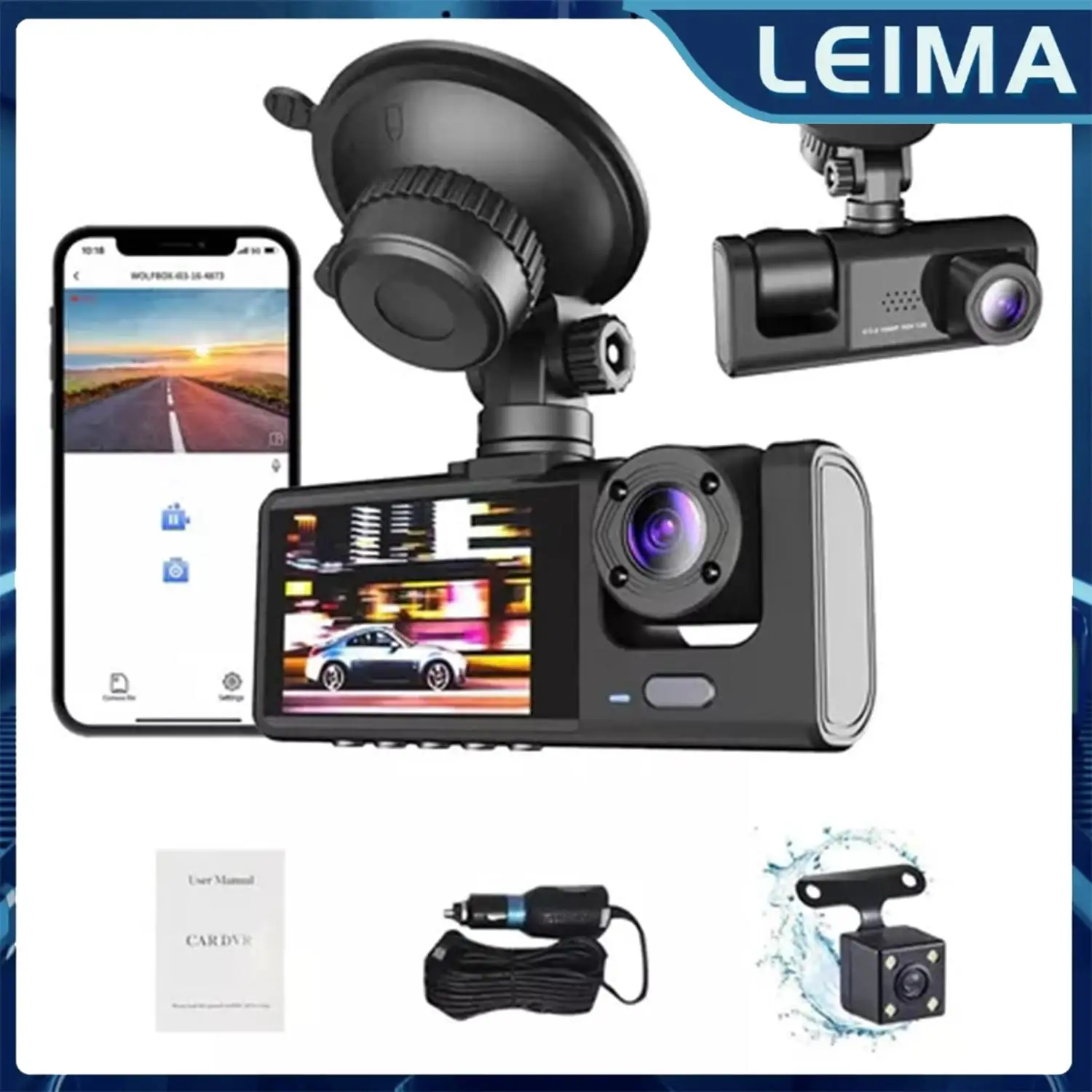 Car DVR S1 2'Screen HD 1080P 3 Cameras+WiFi Front/Rear/In Car Inside Vehicle Dash CamThree Way Camera Dashcam Camcorder Recorder