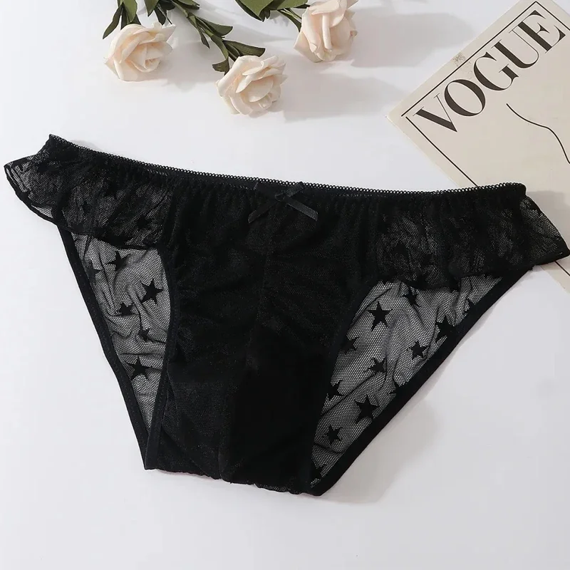 

Japanese Style Man's Mesh Lace Sexy Briefs Transparent Bow Low Waist Convex Pouch Erotic Lingerie BF Gifts LGBQT Party Club