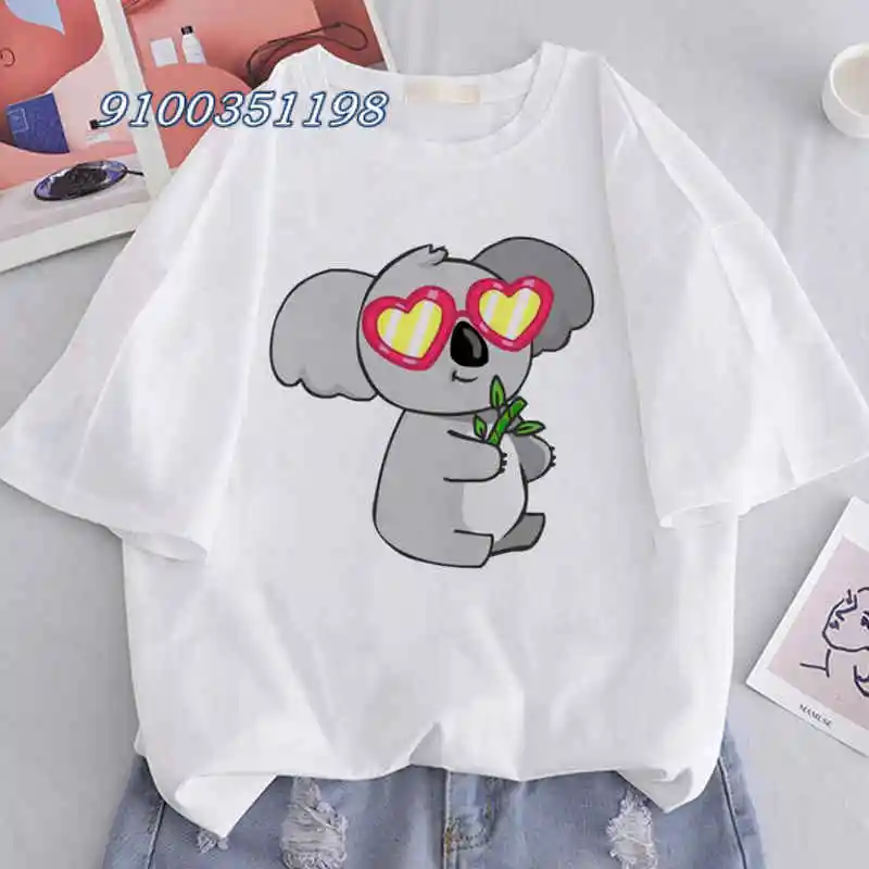 Schattige Koala Dieren Afdrukken T-Shirt Tops Leisure Girl Tshirt Cartoon Meisjes Witte Korte Mouwen Normaal Shirt Femme Dropshipping