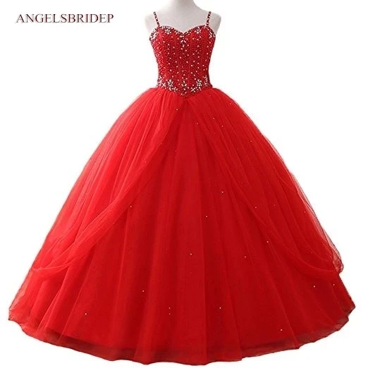 

ANGELSBRIDEP Sweetheart Quinceanera Dresses Vestido 15 Anos Fashion Spaghetti Straps Pearls Tulle Sweet 16 Debutante Party Gown