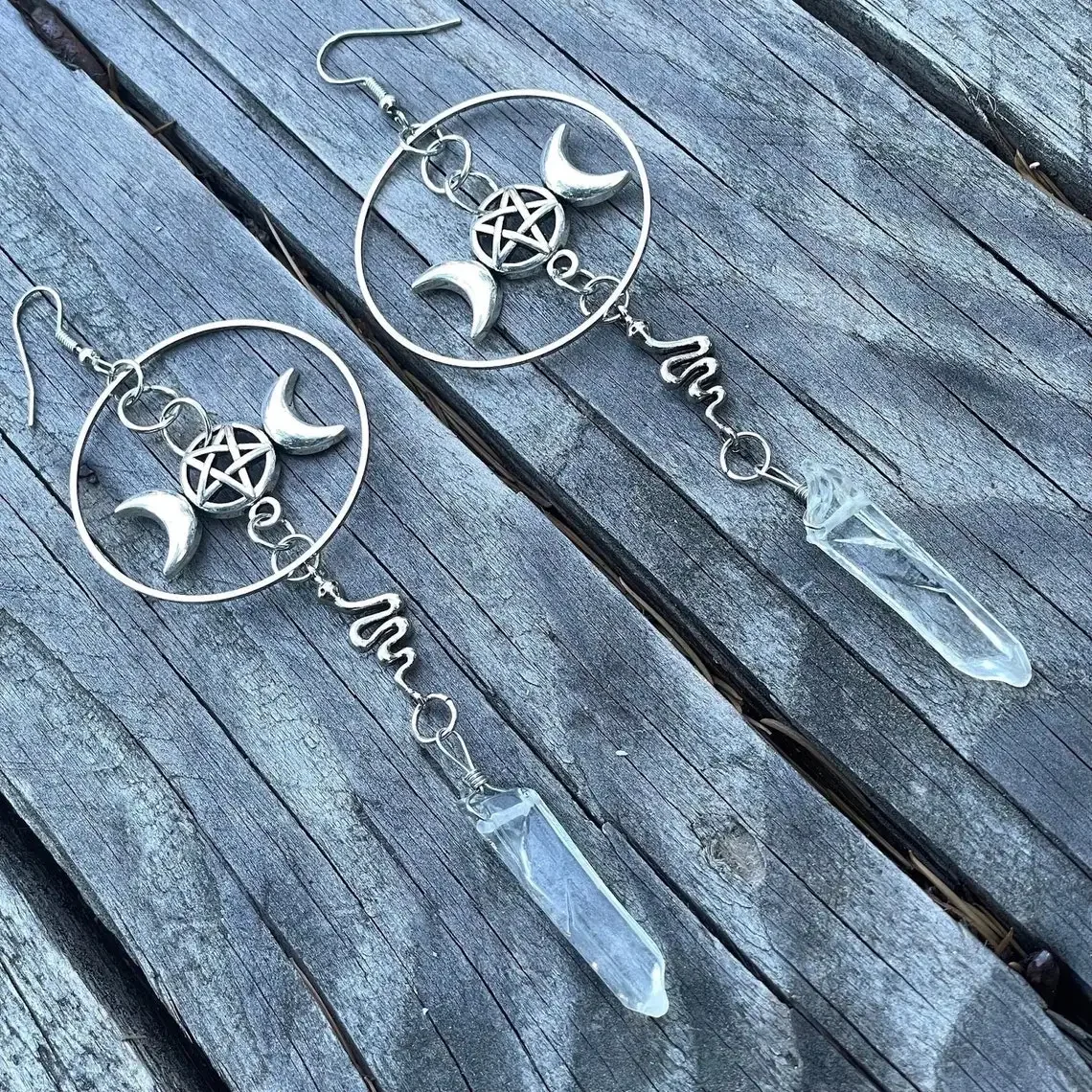 Fashion Triple Moon，pentacle and Snake Raw White Quartz Crystal Earrings