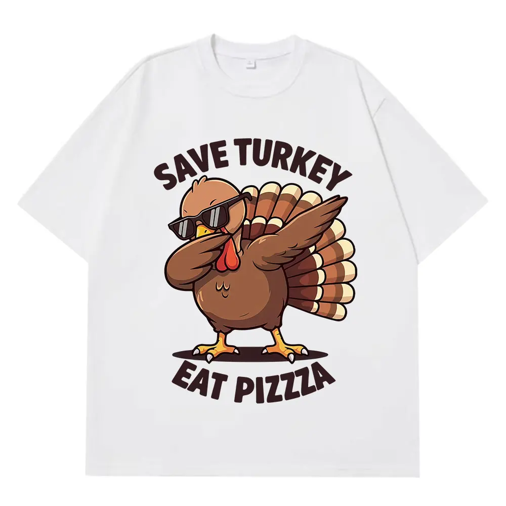 حفظ تركيا أكل البيتزا مضحك الدجاج ميمي تي شيرت الرجال النساء موضة تي شيرت قصيرة الأكمام القطن عادية فضفاض المتضخم تي شيرت