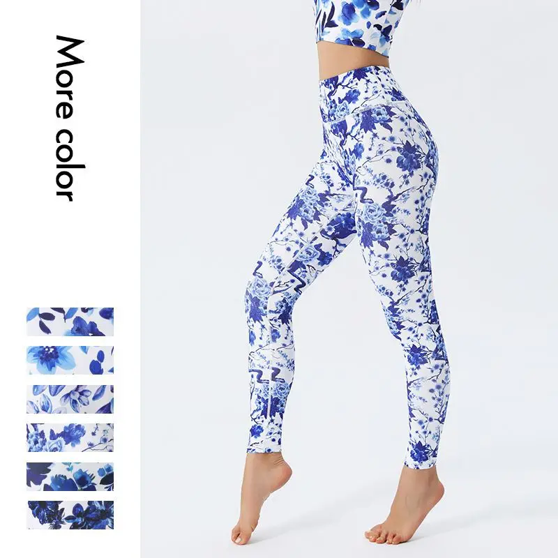 

Women New Hot Sale High Waist Yoga Leggings Blue Flower Printed High Stretch Butt Lift Fitness Pant for Dancing Gym Leisure 7Z