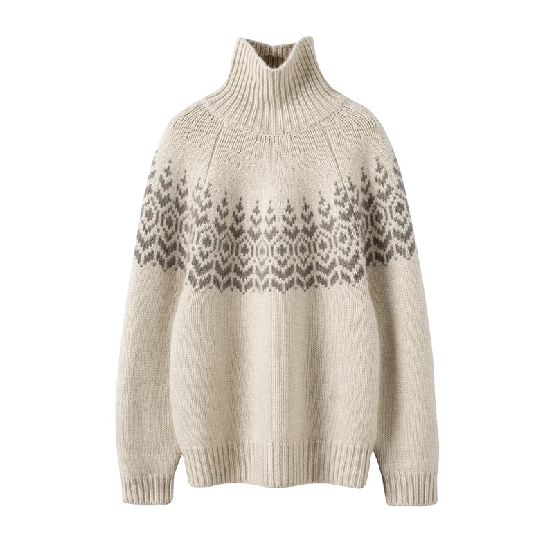 

TLOML New Women Turtleneck Jacquard Pullover Sweater Autumn Winter Thick 100% Merino Wool Knitwear Soft Warm Bottoms Female Tops