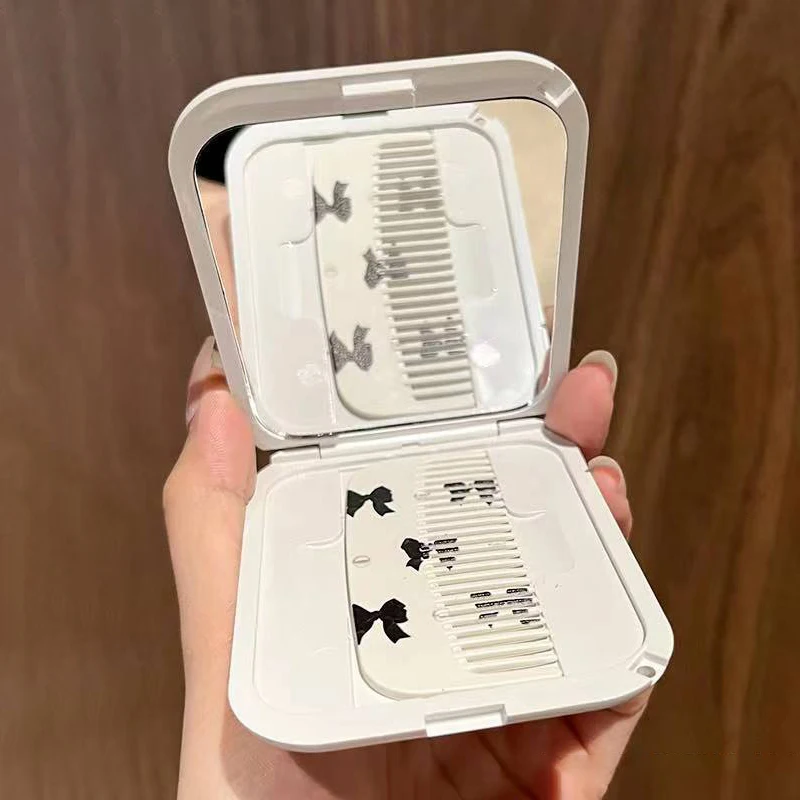 Bowknot flip-top dobrável espelho de maquiagem portátil espelho de bolso feminino retângulo cosméticos compõem espelho com pente