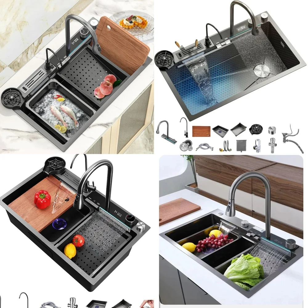 

Кухонная мойка из нержавеющей стали 304, посудомоечная машина с умным цифровым дисплеем, многофункциональная с держателем для ножей, большая одинарная чаша