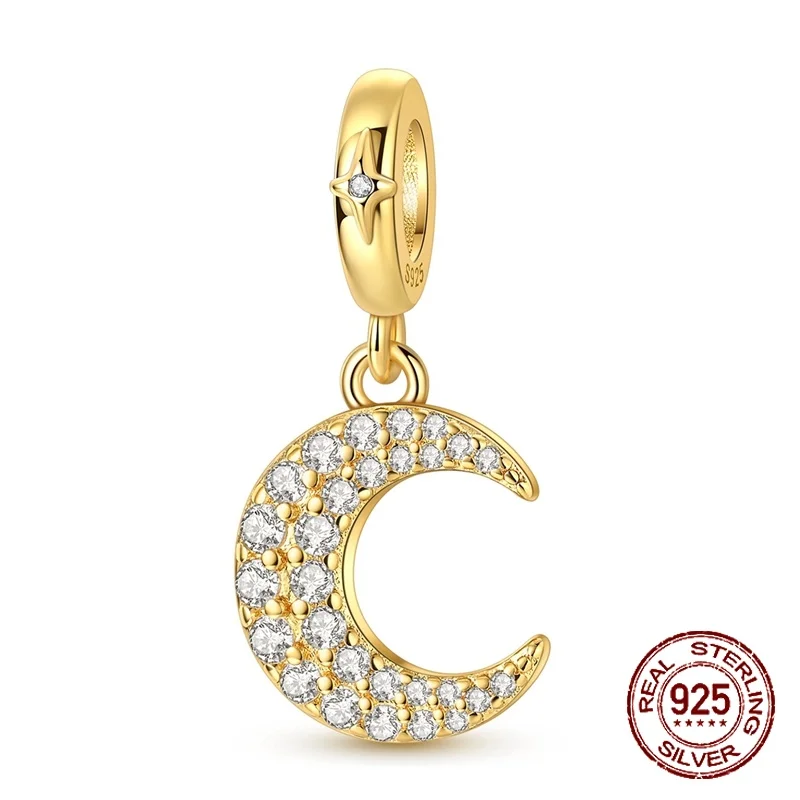 

925 Sterling Silver Sparkling Crescent Moon Dangle Charm Bead Full CZ Paved & Star Accent Fit Bracelets Jewelry Gift for Women