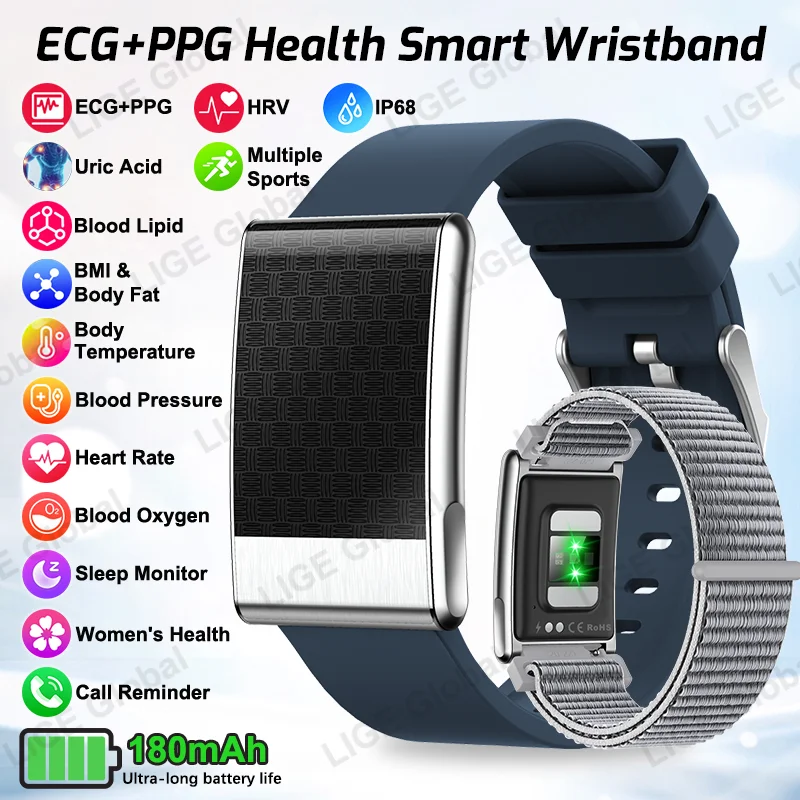 

LIGE ECG+PPG Smart Bracelet Men Women Uric Acid Body Fat Body Temperature BP Blood Oxygen Health Smartwatch Sports Fitness Band