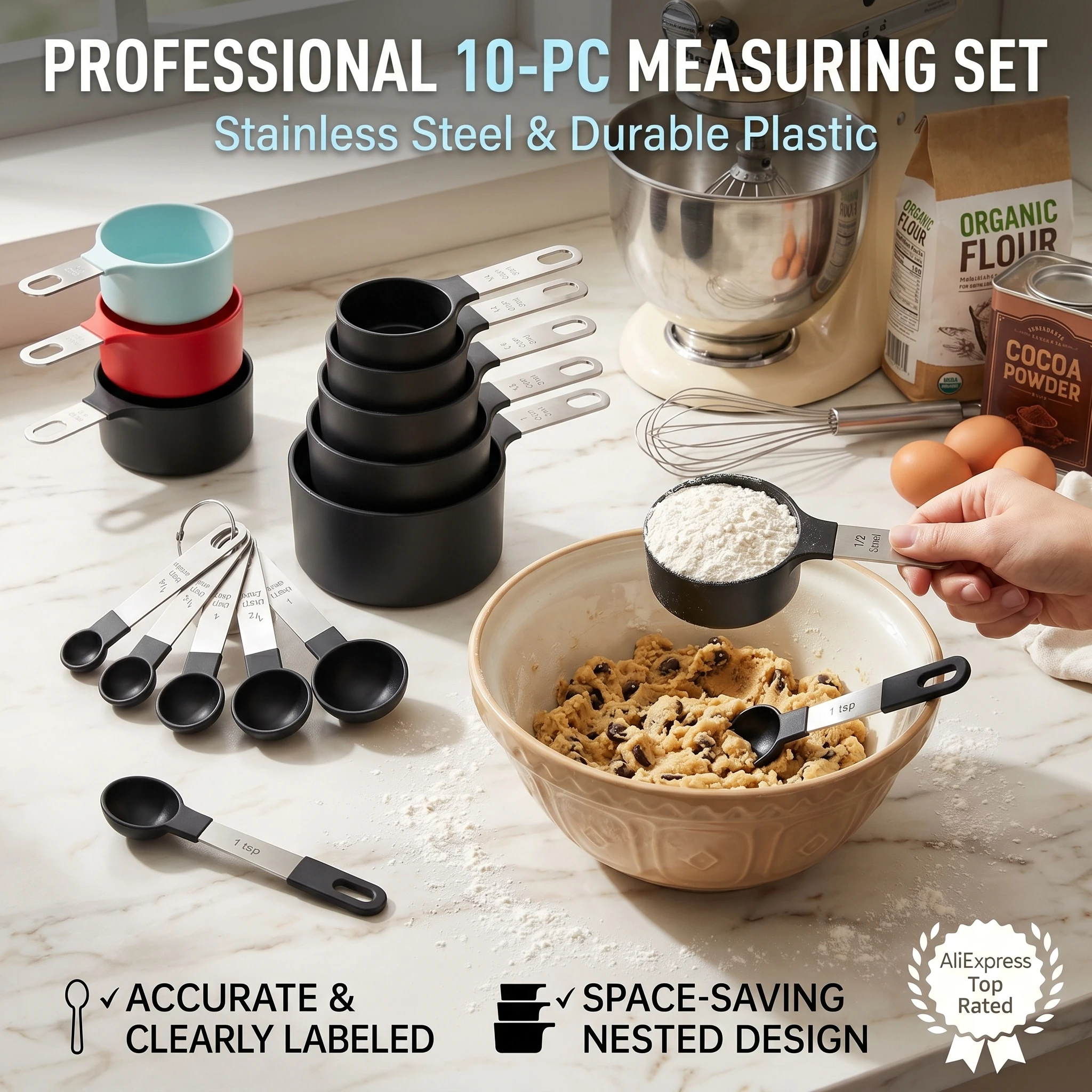 10 Pcs Measuring Cups & Spoons Sets Hot Selling Classic Stainless Steel Plastic Measuring Spoons Household Kitchen Baking Tools