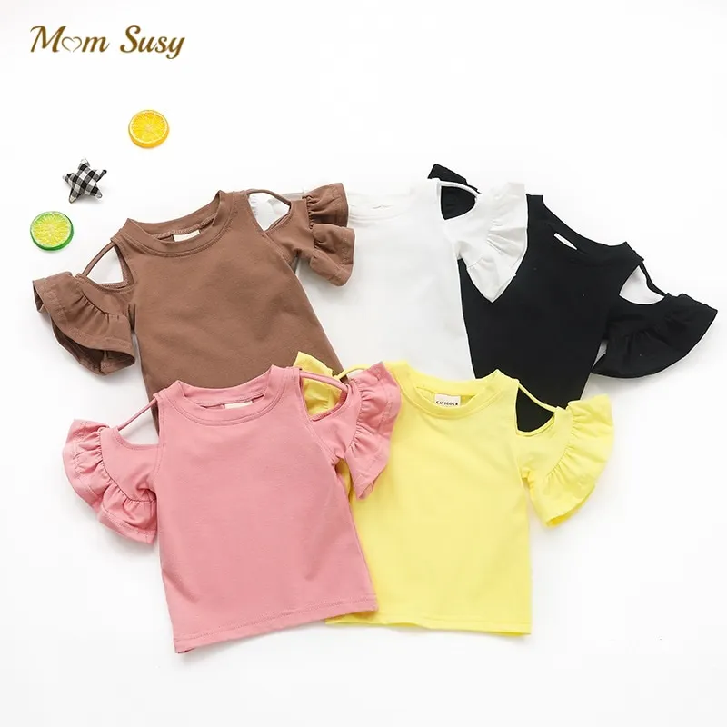 Fashion Baby Girl Cotton Short Flare Sleeve Tshirt Off Shoulder Infant Toddler Child Top Tee Solid Summer Baby Clothes 1-5YY