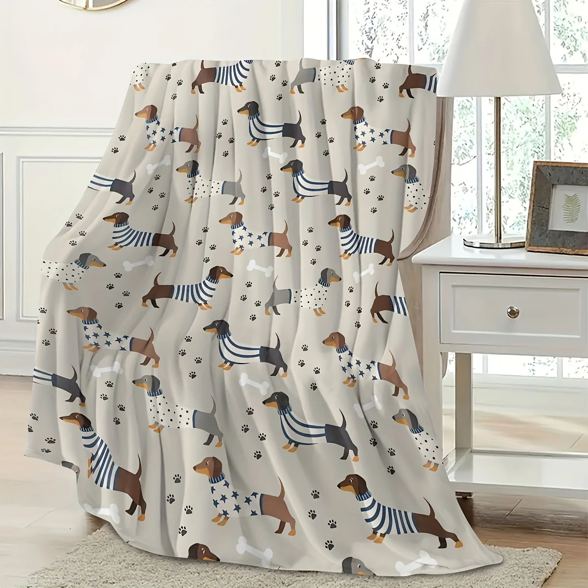 

Parisian Pup Flannel Throw Blanket Soft Dachshund Design All Season Cozy Comfort for French Style Home Gift