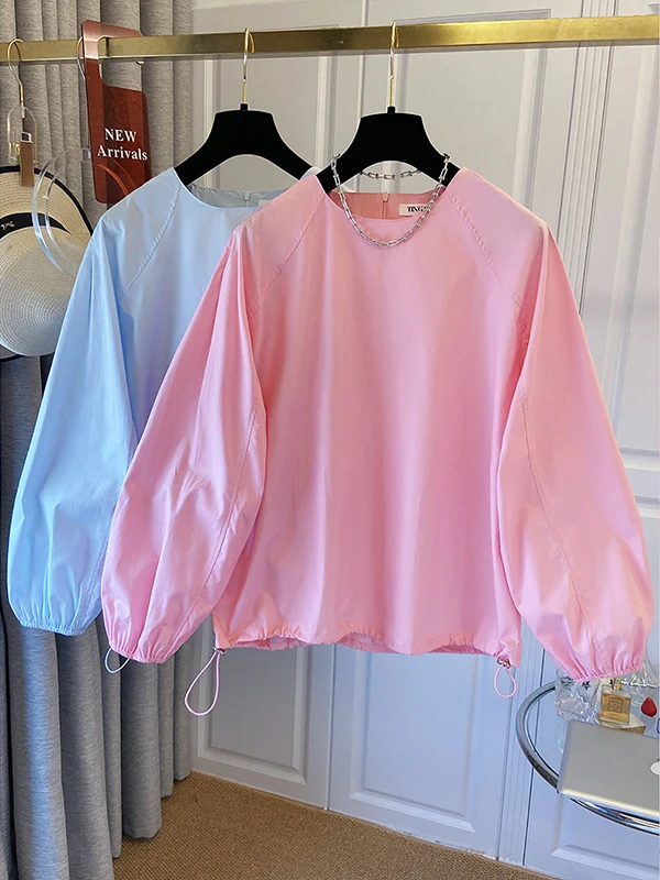 Unique Ele round Ne Long Sve Loose irt Women's Overhead Top Faionable Comfortable Autumn Season Pure Color irt