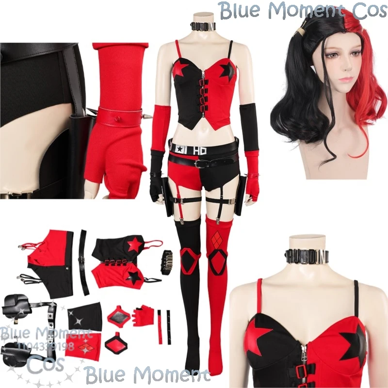 

Harley Anime Quinnnn Cosplay Black Red Suit Camisole Shirts Gloves Socks Wig Prop Sexy Dress Woman Halloween Carnival Party Cos